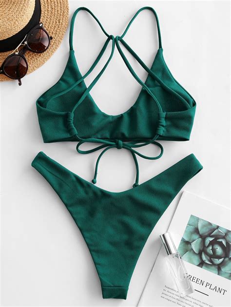 zaful textured strappy high leg bikini swimsuit medium sea green aff high leg strappy