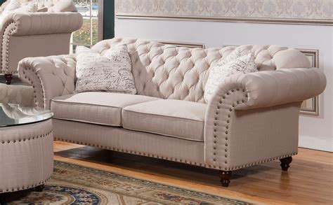 Walton Classic Sweetheart Button Tufted Sofa And Loveseat Set In Beige Linen