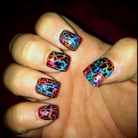 Fun Nails Five Different Colors With Black Crackle Polish On Top