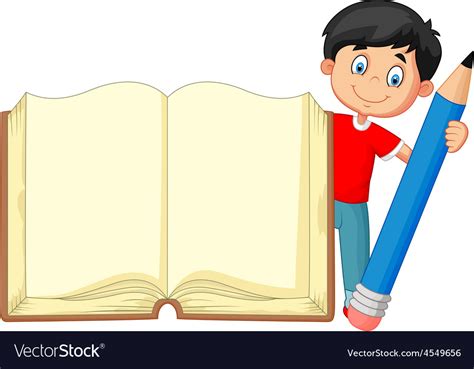 Cartoon Boy Holding Giant Book And Pencil Vector Image