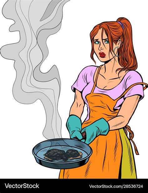 Woman And A Food Burnt In A Frying Pan Royalty Free Vector