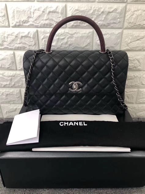 Authentic Chanel Quilted Black Caviar Large Coco Python Handle Bag