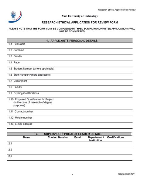 Ethics Application Form Vaal University Of Technology Research