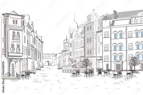 Series Of Street Views In The Old City Hand Drawn Vector Architectural