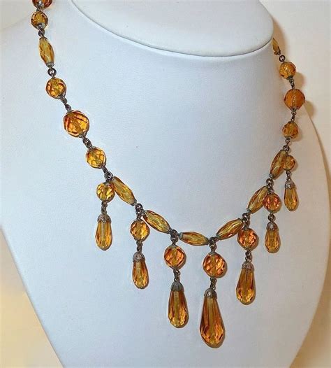 Art Deco Faceted Amber Glass Teardrop Fringe Bead Necklace Bejewelled Ruby Lane