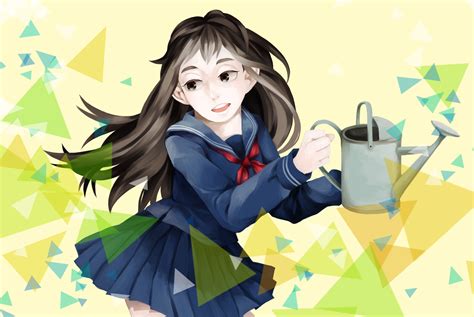 Girl In Sailor Suits With Her Watering Can And Trianlgesthats All