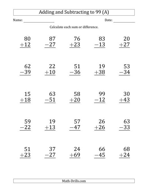 Use strategies such as counting on; The Large Print Adding and Subtracting 2-Digit Numbers with Sums and Minuends up to 99 (25 ...
