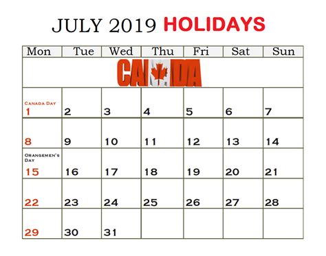 Canada July 2019 Holidays Calendar Federal Holiday Calendar Holiday