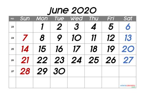 Free Printable Calendar 2020 June 6 Templates
