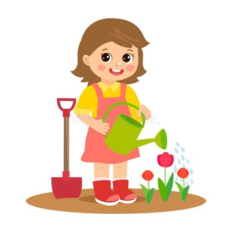 Spring In Your Step Cute Cartoon Girl Working In The Garden Vector