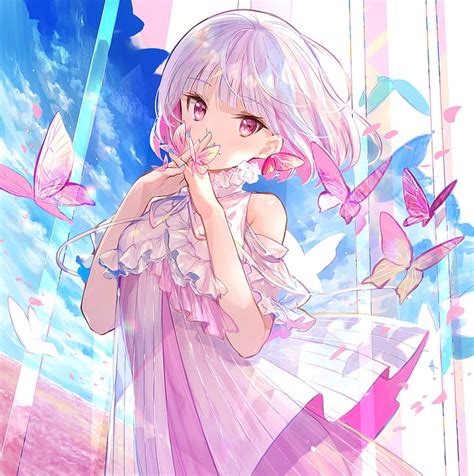 Anime Anime Girls Sky White Hair Pink Eyes Butterfly Anime Girl With White Hair And Pink
