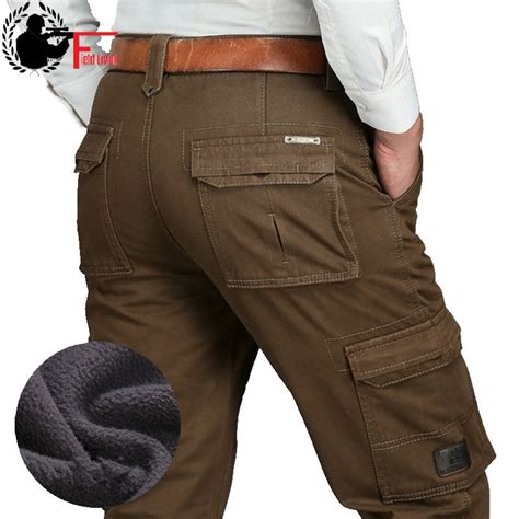 Fleece Warm Winter Cargo Pants Mens Casual Loose Multi Pocket Male
