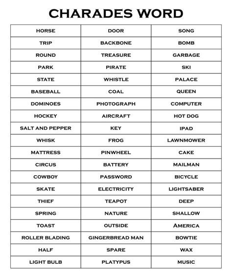 Printable Charades List For Adults Charades Words Charades For Kids