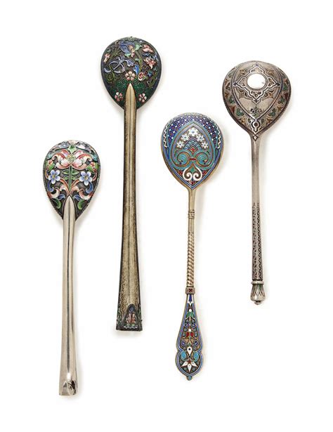 Four Russian Silver And Silver Gilt Cloisonne Enamel Serving Spoons