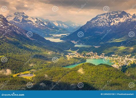 Saint Moritz And Upper Engadine Lakes From Above With Dramatic Sky â