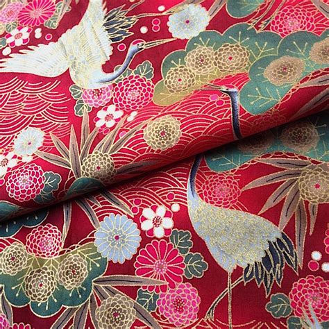 Japanese Fabric Traditional Crane Pattern Red Background Etsy