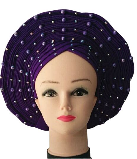 African Aso Oke Auto Gele Headtie Turban Head Wrap With Pearls Neon Turban Headwrap Head