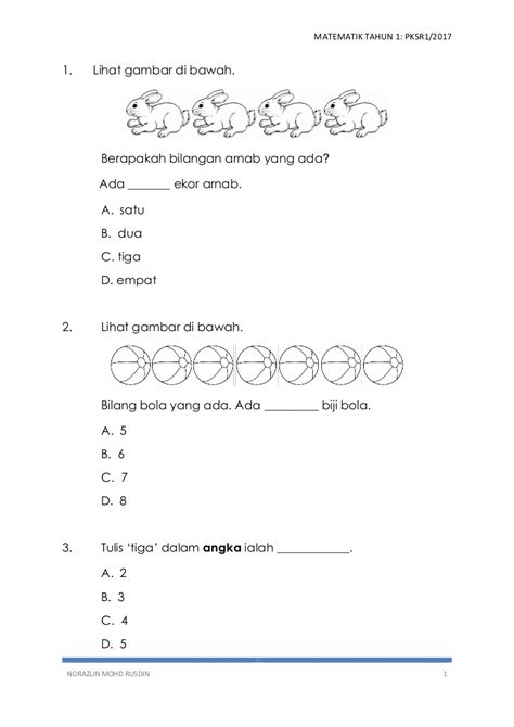 Savesave latihan matematik tahun 1 for later. Matematik Tahun 1 PKSR 1 Kertas 1 2017