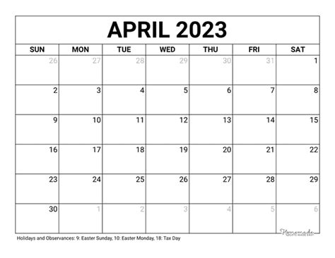 April 2023 Blank Printable Calendar Pelajaran