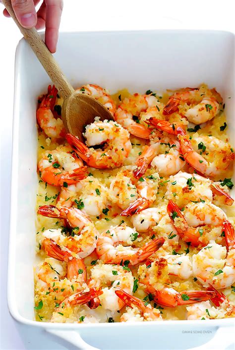 Succulent fish and seafood become a decadent dinner when mixed into a creamy sauce topped with a crispy, shredded potato crust. Garlicky Baked Shrimp | Gimme Some Oven