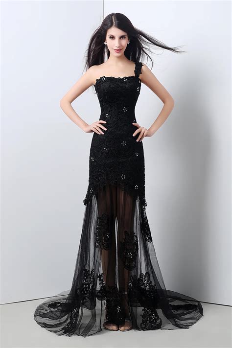Fashion Mermaid One Shoulder Long Black Tulle Lace Beaded Corset Prom Dress