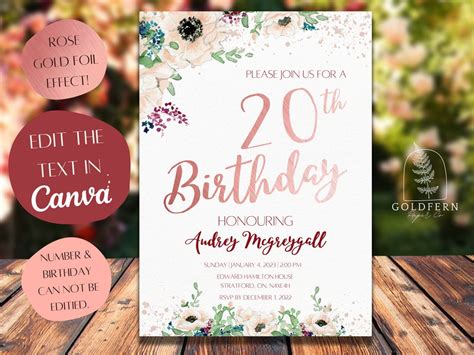 Printable 20th Birthday Invitations Editable Diy 20th Etsy