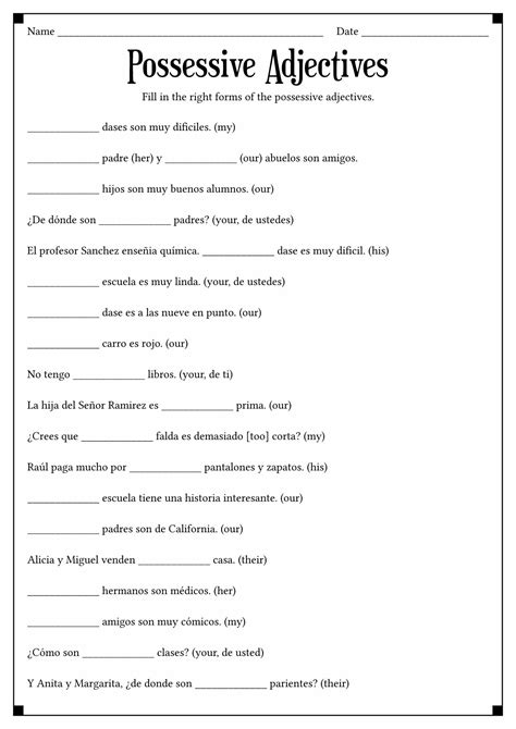 Possessive Adjectives In Spanish Worksheets