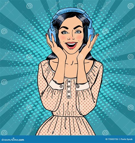 Aufgeregte Junge Frauen Hörende Musik Mädchen In Den Kopfhörern Pop Art Vektor Vektor Abbildung