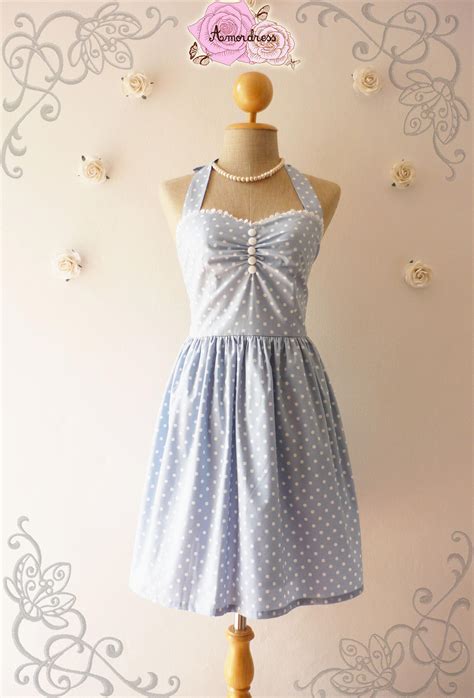 Pale Blue Dress Tea Length Dress Classic Polka Dot Dress Bridesmaid Party Dress Once Upon A Time