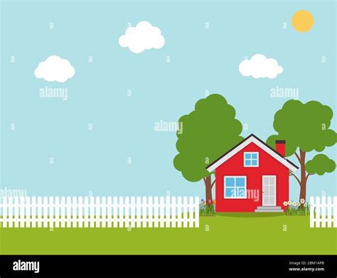 House With Trees And Flowers Flat Background Vector Illustration