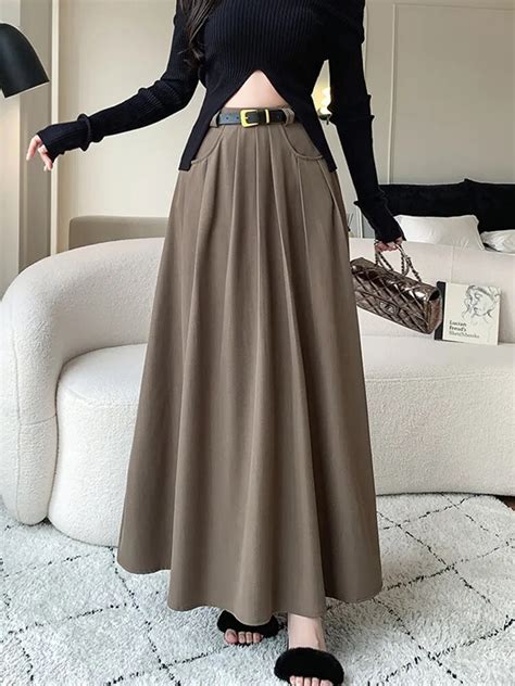 TIGENA 90cm Office Lady Maxi Pleated Skirt For Women 2023 Autumn Korean
