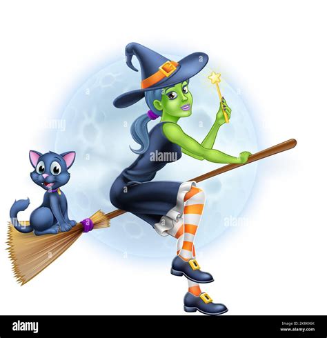 Witch Halloween Cartoon Character On Broom Stick Stock Vector Image