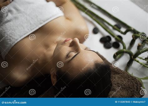 Portrait Of Fresh And Beautiful Brunette Woman Taking Head Massage Stock Image Image Of Head