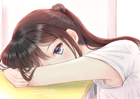 Wallpaper Anime Girls Lying Down Black Hair Desk 1280x905