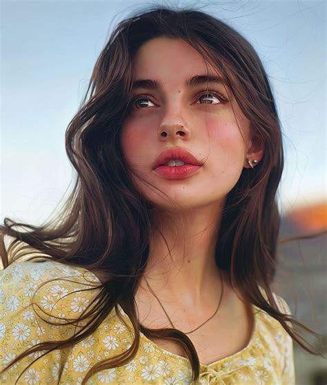 A Painting Of A Woman With Long Brown Hair Wearing A Yellow Shirt And