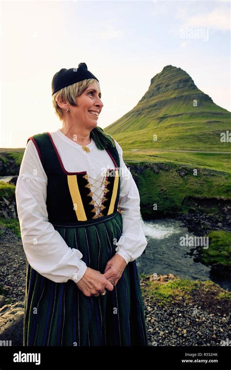 A Local Icelandic Woman Wearing Upphlutur Traditional National Dress At