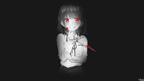 Anime Anime Girls Red Eyes Monochrome Knife Smiling Short Hair Blushing