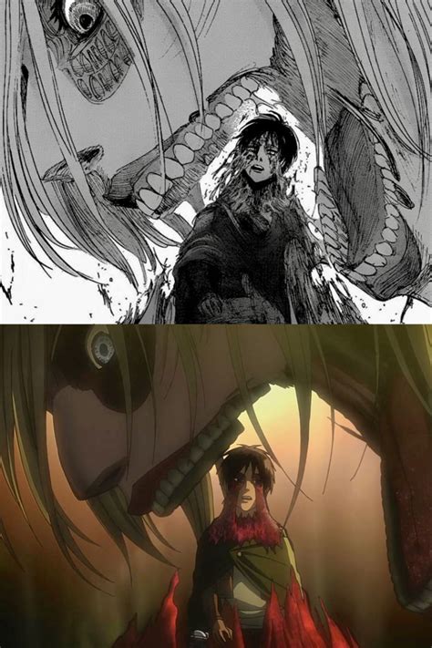 Eren Almost Getting Eaten By The Female Titan Manga Vs Anime Фан арт Заброшенные замки Аниме