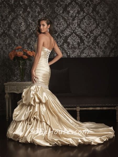 fabulous mermaid sweetheart champagne silk ruched wedding dress with pick up skirt