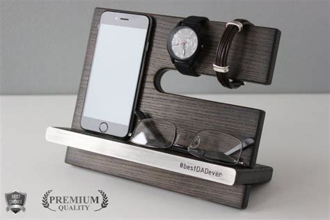 Wood Docking Station W Engraved Aluminum Name Plate Dark Stain