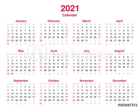 Calendar 2021 12 Months Yearly Vector Calendar In Year