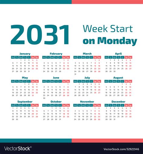 2031 Calendar With Weeks Start On Monday Vector Image