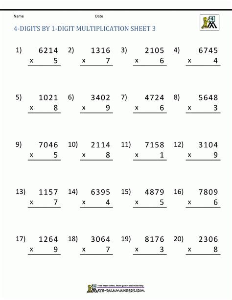 Multiplying Four Digit Numbers Worksheets