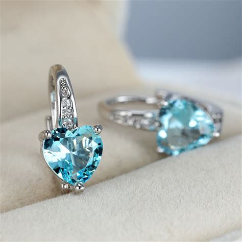 Heart Earrings Women Blue Wedding Small Crystal Hoops Earrings