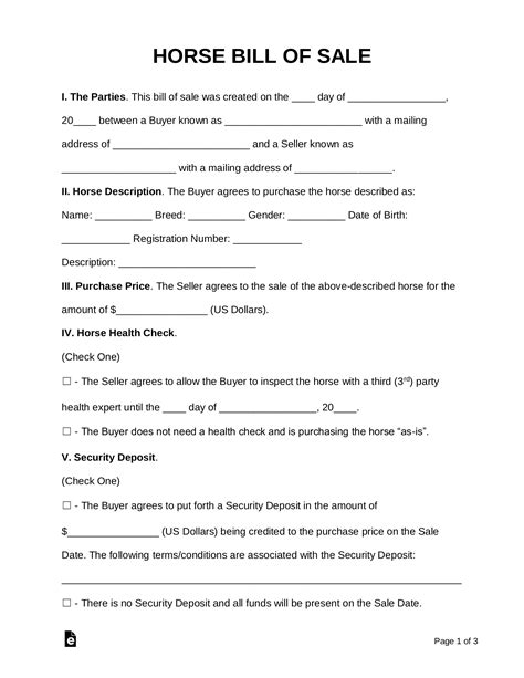 Free Horse Bill Of Sale Form Word Pdf Eforms