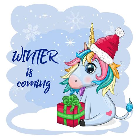Cute Cartoon Unicorn In Santa Hat With T Christmas Ball Candy Kane