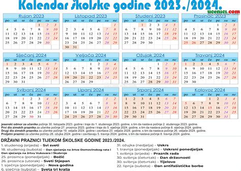 Školski Kalendar S Praznicima 20232024