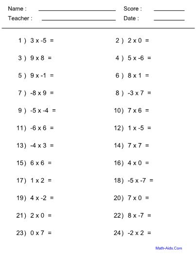 Multiplication Negative Numbers Worksheet