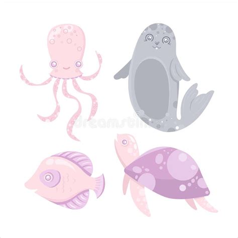 Vector Sea Animal Seal Fur Fish Octopus Turtle Stock Illustration