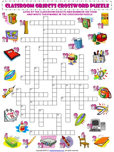 Classroom Objects Esl Vocabulary Crossword Puzzle Worksheet For Kids